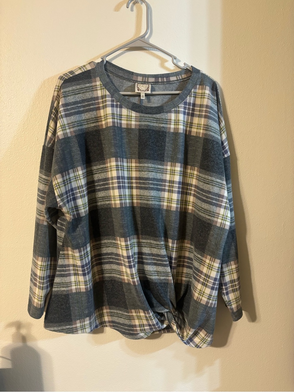 Plaid Long-Sleeve Tie-Hem Top in Blue and Gray